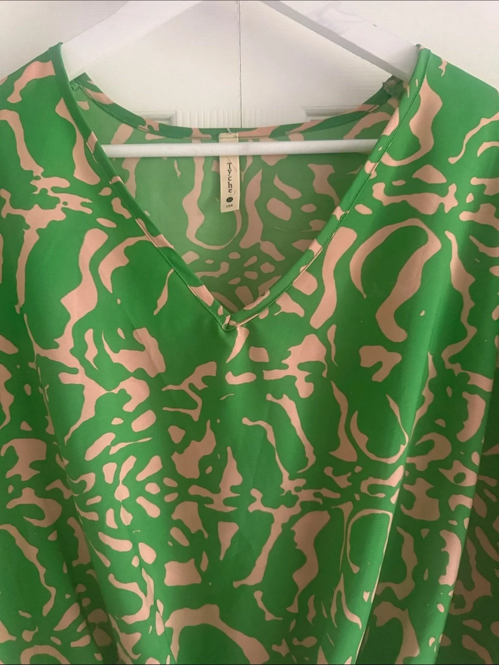 Tyche Green/Beige Print Faux Front Tuck Top - Size Medium